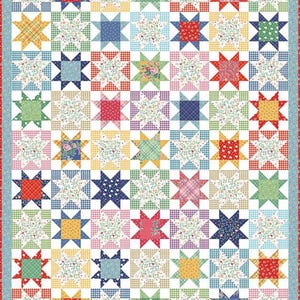 May include: A colorful patchwork quilt with a repeating star pattern. The stars are made of various patterned fabrics, including floral, plaid, and polka dots, in shades of red, blue, yellow, and green. The quilt has a red border with a blue floral trim.