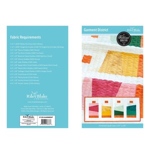 May include: A quilting pattern for a quilt called "Garment District" by Riley Blake Designs. The quilt is made up of colorful squares and rectangles in shades of pink, orange, yellow, green, and blue. The finished quilt size is 13 1/2 inches by 29 inches.