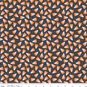 Image of the Hey Pumpkin Corn Candy Charcoal quilting cotton fabric by Riley Blake Designs. Features candy on a black background. Cute Little Fabric Shop
