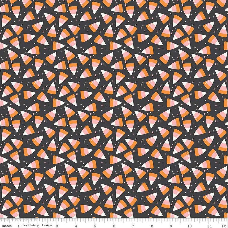 Image of the Hey Pumpkin Corn Candy Charcoal quilting cotton fabric by Riley Blake Designs. Features candy on a black background. Cute Little Fabric Shop