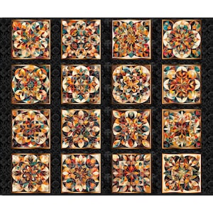 May include: A fabric panel featuring sixteen square designs with intricate, colorful geometric patterns. Each square has a gold border and a unique arrangement of shapes in shades of orange, teal, and brown. The background is a dark, textured pattern.