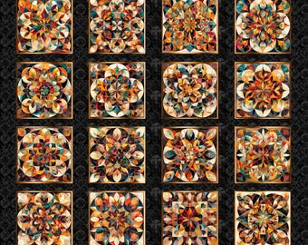 Solstice Kaleidoscope Picture Patches Panel 31227 Black J - QT Fabrics - Geometric Abstract Stained Glass - Quilting Cotton Fabric
