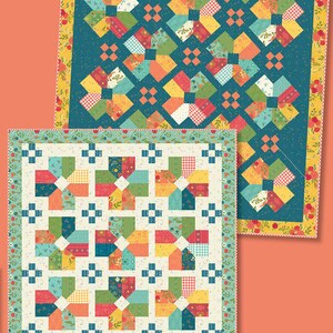 May include: Two colorful quilt patterns are displayed. The top quilt is on a teal background with a floral border. The bottom quilt is on a cream background with a floral border. The quilts feature a repeating geometric design. The text "EXTROVERT" is at the top.