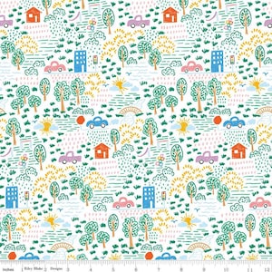 May include: A whimsical fabric pattern featuring a repeating design of a town scene. The design includes houses, cars, trees, and a bridge, all in a colorful, hand-drawn style. The pattern is set against a white background, with measurements in inches.
