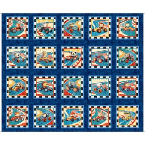 Turbo Tykes Animals in Racecars Picture Patches Panel Navy Blue Car Fabric - 31754 - QT Fabrics Quilting Cotton Fabric