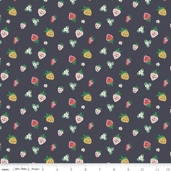 SALE Misty Morning Strawberries C11582 Midnight - Riley Blake Designs - Berries Blossoms - Quilting Cotton Fabric