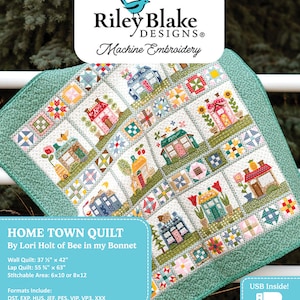 May include: A quilt pattern featuring a colorful patchwork design with houses, flowers, and other whimsical details. The quilt is titled "Home Town Quilt" by Lori Holt of Bee in my Bonnet. The quilt is available in various sizes, including a wall quilt measuring 37 1/2 inches by 42 inches and a lap quilt measuring 55 1/2 inches by 63 inches. The pattern includes embroidery designs in various formats, including DST, EXP, HUS, JEF, PES, VIP, VP3, and XXX. The image also includes a small icon indicating that a USB drive is included.