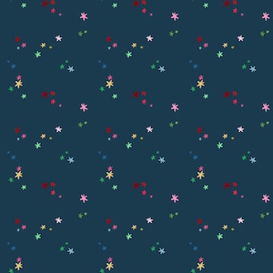 May include: A dark navy blue fabric featuring a repeating pattern of small, hand-drawn style stars in various colors including red, light pink, yellow, light green, and light blue, scattered across the surface in a simple, non-uniform arrangement.