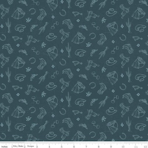 May include: Dark teal fabric with a repeating pattern of cowboy hats, horseshoes, saddles, horses, cacti, and other western-themed illustrations in white. The fabric is measured in inches.