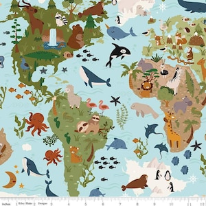 May include: A whimsical illustrated world map featuring various animals and sea creatures. The map is colored in shades of green and blue, with illustrations of a deer, bear, whale, octopus, and more. The text "Riley Blake Designs" is visible at the bottom.