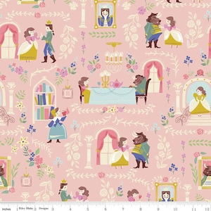 May include: A pink fabric with a repeating pattern of a fairytale story. The pattern includes a princess, a prince, a beast, a castle, and flowers. The fabric is perfect for quilting, sewing, and crafting.