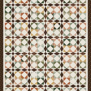 May include: A rectangular quilt featuring a repeating grid pattern of square blocks. Each block contains four smaller triangles in various muted colors, including sage green, dusty rose, mustard yellow, and cream, separated by dark brown diamond shapes.