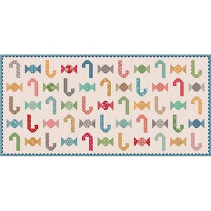 May include: A rectangular quilt featuring a repeating pattern of colorful candy canes and wrapped candies. The candy canes are in various colors, including red, green, and blue, with a white background and a blue scalloped border.