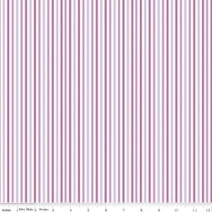 May include: Fabric with a vertical stripe pattern in shades of lavender, mauve, and white. The stripes are evenly spaced and run the length of the fabric. The image includes a ruler along the bottom edge, with measurements in inches.