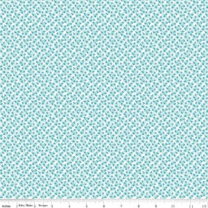 May include: A white fabric with a repeating pattern of small, teal blue leaves. The fabric is designed for quilting and crafting projects.