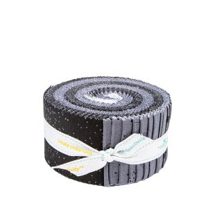 May include: A rolled fabric bundle featuring various shades of gray and black, tied with a white ribbon. The fabric has a mix of patterns, including polka dots and musical notes. The ribbon reads "create colorfully" and "makeDesign".