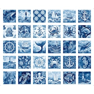 May include: A collection of blue and white nautical-themed square illustrations. The images depict various marine elements, including whales, lighthouses, ships, anchors, and sea creatures. The artwork has a vintage, hand-drawn aesthetic.