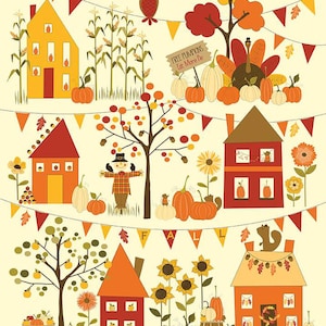 Fall's in Town Panel P13519 by Riley Blake Designs - Thanksgiving Autumn Houses Turkey Pumpkins Scarecrow Owl - Quilting Cotton Fabric