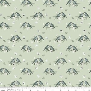 Gingham Fields Birds C13351 Pistachio - Riley Blake Designs - Bird Pairs on Flowers - Quilting Cotton Fabric