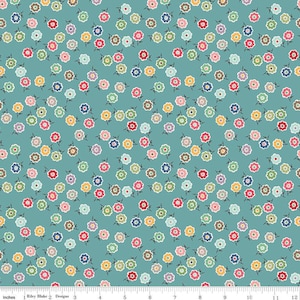 May include: Teal fabric with a repeating pattern of small, colorful flowers. The flowers are outlined in white and have a variety of colors, including pink, yellow, blue, green, and red.