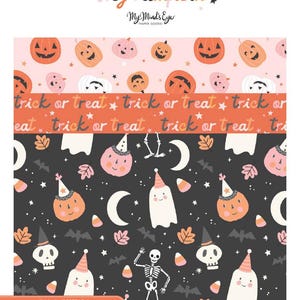 以下が含まれることがあります： ハロウィーンをテーマにした生地で、繰り返し模様があります。デザインには、オレンジ、ピンク、白のカボチャ、幽霊、骸骨が黒い背景に描かれています。「Hey Pumpkin」と「Trick or Treat」の文字も含まれています。