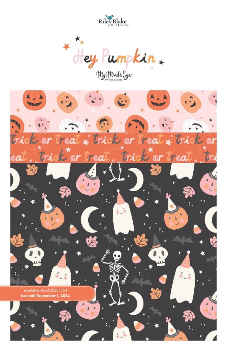 以下が含まれることがあります： ハロウィーンをテーマにした生地で、繰り返し模様があります。デザインには、オレンジ、ピンク、白のカボチャ、幽霊、骸骨が黒い背景に描かれています。「Hey Pumpkin」と「Trick or Treat」の文字も含まれています。