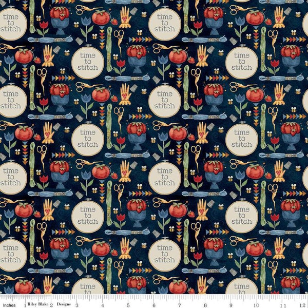 Stitchy Birds Tools C12603 Midnight by Riley Blake - Sewing Embroidery Folk Art Flowers Cross-Stitch Text - Quilting Cotton Fabric