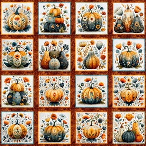 May include: A fabric panel featuring a grid of sixteen square blocks, each displaying various pumpkins and gourds decorated with floral patterns in shades of orange, blue, and cream, framed by a dark brown border with a repeating floral motif.