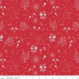 May include: Red fabric with a white outline pattern featuring American flags, fireworks, trees, flowers, hot dogs, and hamburgers. The design includes stars and a few pinwheels. The fabric is marked with inches.