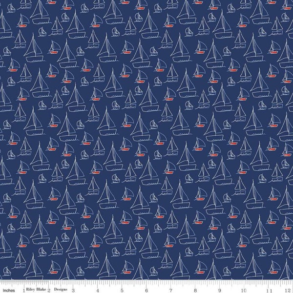 Red White and Bang! Sailboats C11521 Navy - Riley Blake Designs - Patriotic Line-Drawn Boats - Quilting Cotton Fabric