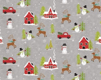 SALE Snowed In Main C10810 Gray - Riley Blake Designs - Christmas Snowmen Houses Vintage Trucks Deer Pine Trees - Quilting Cotton Fabric