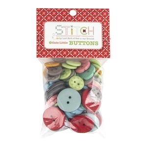 May include: A clear plastic bag filled with colorful buttons of various sizes and shapes. The buttons are in shades of red, pink, blue, green, and gray. The bag has a red and white patterned header with the text "Stitch" and "Cute Little Buttons".