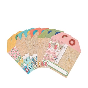 May include: A set of ten colorful gift tags with a rustic brown paper background. Each tag features a different patterned design with floral, geometric, and polka dot patterns. The tags have a hole punched at the top and come with twine for tying.