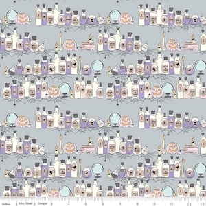 May include: A seamless pattern featuring a repeating design of various potion bottles, crystal balls, and pumpkins. The bottles are filled with colorful liquids and have labels with text such as "Witch's Wart", "Wolf Bane", and "Eye of Newt". The background is a light gray with a subtle spiderweb pattern.