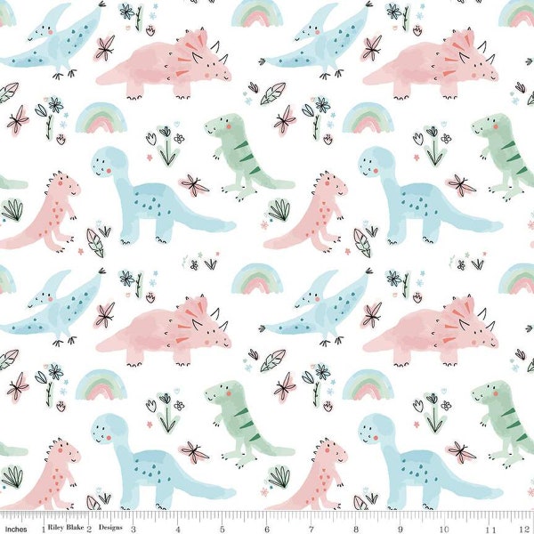 SALE FLANNEL Dinosaurs F14696 White - Riley Blake Designs - Dinos Rainbows Leaves Dragonflies Flowers - FLANNEL Cotton Fabric