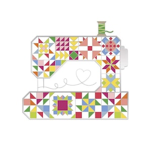 May include: A colorful sewing machine illustration with a patchwork quilt design. The machine features a heart-shaped detail and a spool of green thread. The quilt design incorporates various geometric shapes and vibrant colors, including pink, yellow, and blue.