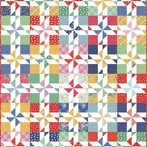 May include: A colorful patchwork quilt with a pinwheel design. The quilt features squares of various patterns and colors, including red, blue, green, yellow, and pink. The quilt is bordered with a red and white pattern.