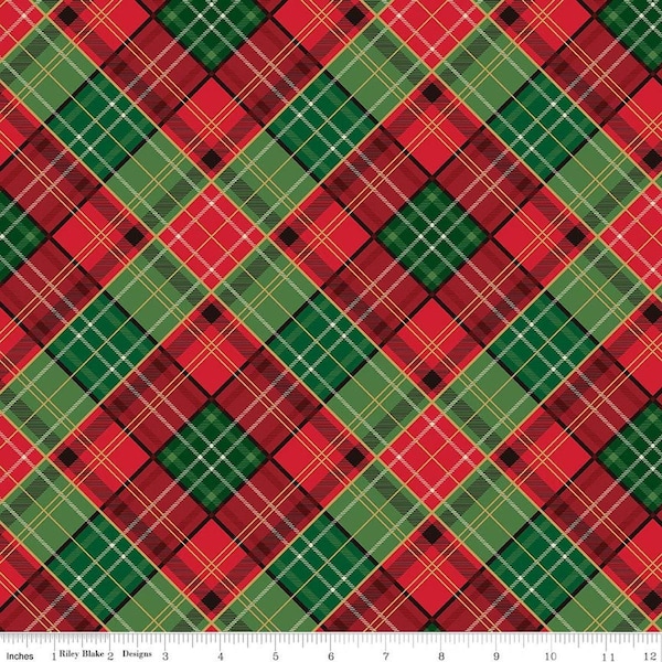 SALE Poinsettias at Christmas Plaid Multi Foil Red Checkered Fabric - CF17633 - Riley Blake Quilting Cotton Fabric