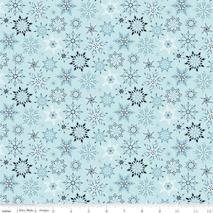 May include: Light blue fabric with a repeating pattern of snowflakes in shades of blue and white. The snowflakes vary in size and design, creating a wintery theme. The fabric is suitable for various craft projects.