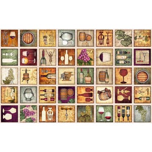 May include: A collection of square, vintage-style wine-themed illustrations. Each square features a different image, including wine glasses, bottles, barrels, corkscrews, and grapes. The color palette includes warm tones of brown, beige, and purple.