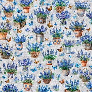 May include: A repeating pattern of watercolor illustrations featuring blue lupine flowers in various pots, baskets, and vases, interspersed with blue butterflies and orange butterflies on a textured gray background.