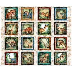 Savage Kingdom Dinosaur Picture Patches Panel Sand Cream Dino Fabric - 31733 - QT Fabrics Quilting Cotton Fabric