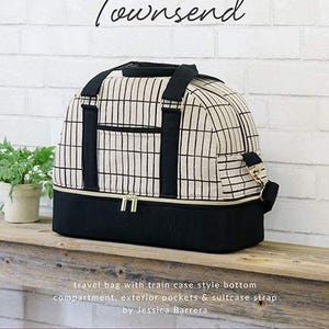 May include: A black and white checkered travel bag with a black bottom compartment and gold zipper pulls. The bag has a suitcase strap and exterior pockets. The bag is called "Townsend" and is a sewing pattern by Sallie Tomato.