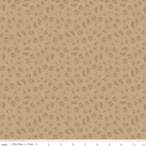 May include: A tan fabric with a repeating pattern of brown animal footprints. The footprints include bear paws, bird tracks, and human footprints.