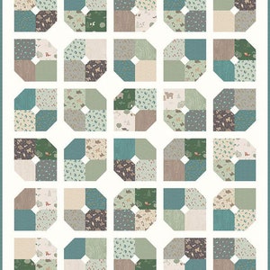 May include: A quilt pattern with a repeating design of octagons made up of different fabric squares. The fabric squares feature woodland animal prints, wood grain patterns, and geometric designs in shades of brown, green, blue, and white.