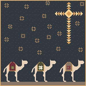 May include: Three camels with colorful saddlebags walk across a dark blue background with a large gold star in the center. The background is filled with small white dots and gold stars.