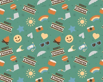 SALE Camp S'mores Main C13620 Green - Riley Blake Designs - Hershey Camping Suns Stars Tents Cameras Rainbows - Quilting Cotton Fabric