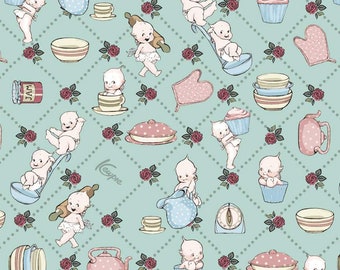 SALE Sew Kewpie Kooks C10541 Songbird - Riley Blake Designs - Cooking Cooks Pies Timers Teapots Vintage Blue Green - Quilting Cotton Fabric
