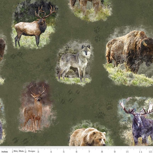 SALE Nature's Window Main CD11860 Forest - Riley Blake Designs - DIGITALLY PRINTED Animals Wolf Elk Deer Moose Bear - Quilting Cotton