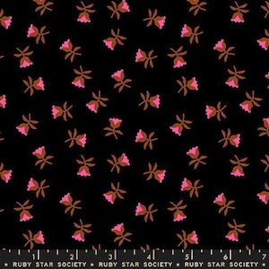 May include: Black fabric with a repeating pattern of small pink flowers and brown leaves. The flowers are in full bloom, and the leaves are arranged around the stems. The fabric is from Ruby Star Society.